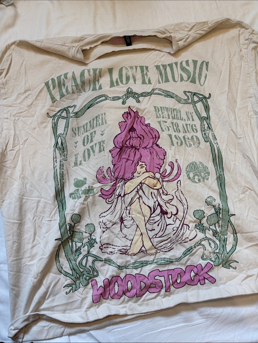 H&M Cream Graphic Tee with Pink and Green Woodstock Print